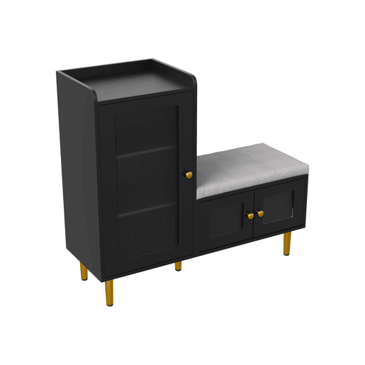 Sapateira 100x35x90 cm com banco estofado, espaço de armazenamento modular e portas de vidro, preta. Sapateira 100x35x90 cm com banco estofado, espaço de armazenamento modular e portas de vidro, preta.