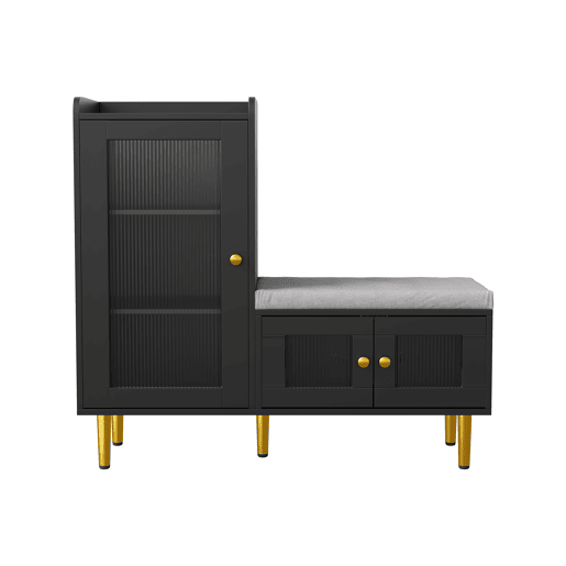 Sapateira 100x35x90 cm com banco estofado, espaço de armazenamento modular e portas de vidro, preta. Sapateira 100x35x90 cm com banco estofado, espaço de armazenamento modular e portas de vidro, preta.