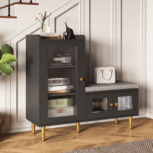 Sapateira 100x35x90 cm com banco estofado, espaço de armazenamento modular e portas de vidro, preta. Sapateira 100x35x90 cm com banco estofado, espaço de armazenamento modular e portas de vidro, preta.