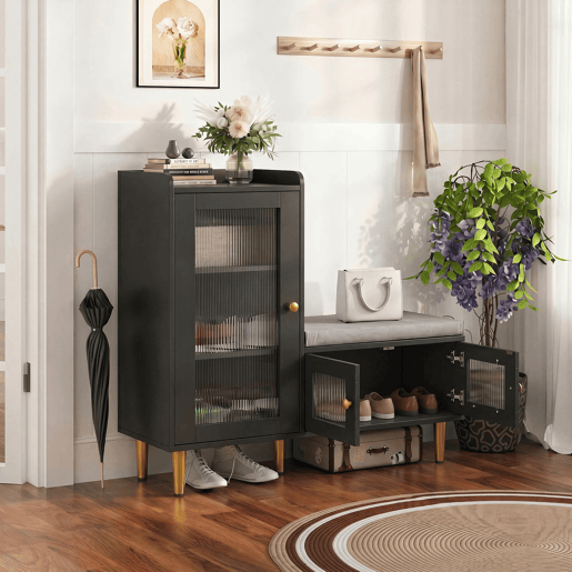 Sapateira 100x35x90 cm com banco estofado, espaço de armazenamento modular e portas de vidro, preta. Sapateira 100x35x90 cm com banco estofado, espaço de armazenamento modular e portas de vidro, preta.