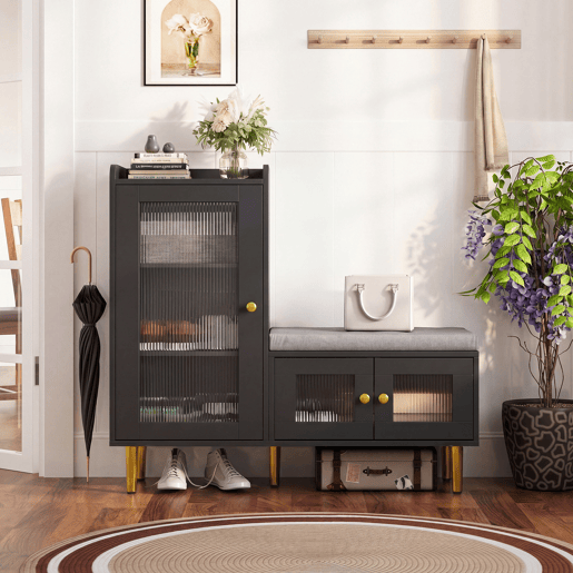 Sapateira 100x35x90 cm com banco estofado, espaço de armazenamento modular e portas de vidro, preta. Sapateira 100x35x90 cm com banco estofado, espaço de armazenamento modular e portas de vidro, preta.