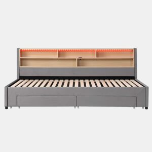 Sofá-cama 90 x 200 cm u2014 extensível até 180 cm, com 2 gavetas de arrumação, porta USB e luz LED, veludo u2014 cinzento