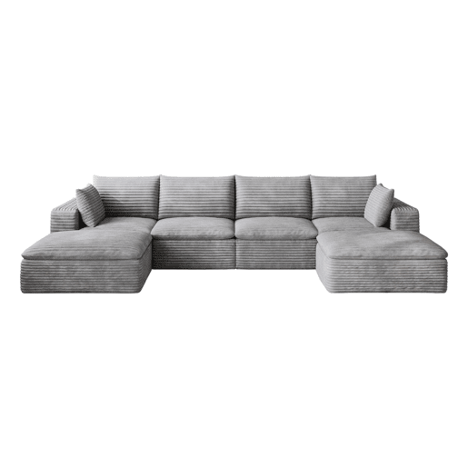 Sofá modular 340 x 160 cm, 4 lugares u2013 design de dupla camada, estofo em veludo cotelê, almofadas com capas removíveis u2013 cinzento Sofá modular 340 x 160 cm, 4 lugares u2013 design de dupla camada, estofo em veludo cotelê, almofadas com capas removíveis u2013 cinzento