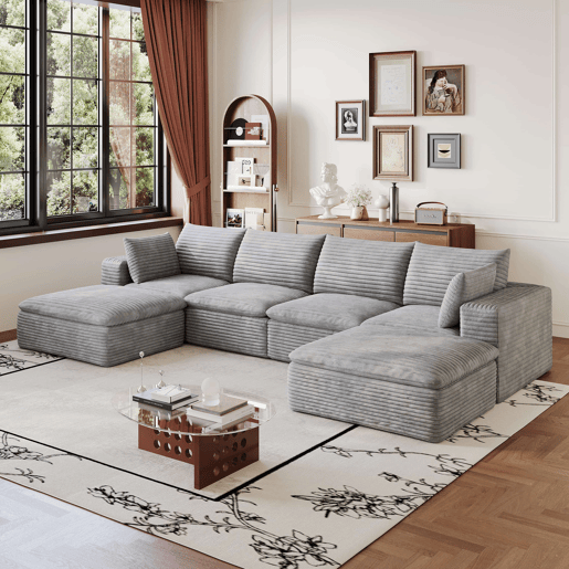 Sofá modular 340 x 160 cm, 4 lugares u2013 design de dupla camada, estofo em veludo cotelê, almofadas com capas removíveis u2013 cinzento Sofá modular 340 x 160 cm, 4 lugares u2013 design de dupla camada, estofo em veludo cotelê, almofadas com capas removíveis u2013 cinzento