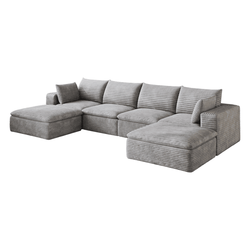 Sofá modular 340 x 160 cm, 4 lugares u2013 design de dupla camada, estofo em veludo cotelê, almofadas com capas removíveis u2013 cinzento Sofá modular 340 x 160 cm, 4 lugares u2013 design de dupla camada, estofo em veludo cotelê, almofadas com capas removíveis u2013 cinzento