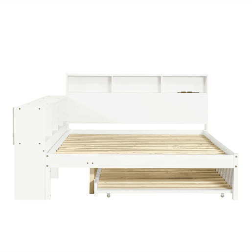 Cama funcional 120 x 200 cm com cama extraível 90 x 190 cm u2014 arrumação lateral, prateleira na cabeceira e estação de carregamento u2014 branco