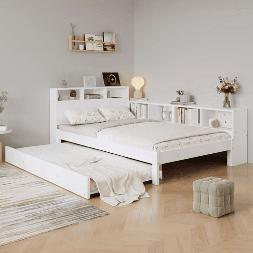 Cama funcional 120 x 200 cm com cama extraível 90 x 190 cm u2014 arrumação lateral, prateleira na cabeceira e estação de carregamento u2014 branco