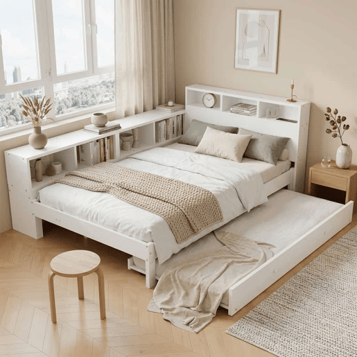 Cama funcional 120 x 200 cm com cama extraível 90 x 190 cm u2014 arrumação lateral, prateleira na cabeceira e estação de carregamento u2014 branco