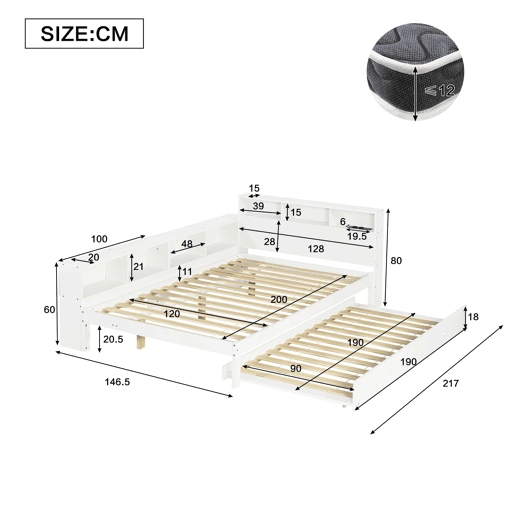 Cama funcional 120 x 200 cm com cama extraível 90 x 190 cm u2014 arrumação lateral, prateleira na cabeceira e estação de carregamento u2014 branco