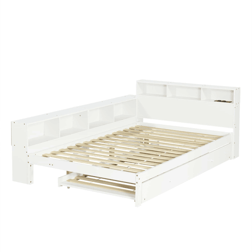 Cama funcional 120 x 200 cm com cama extraível 90 x 190 cm u2014 arrumação lateral, prateleira na cabeceira e estação de carregamento u2014 branco