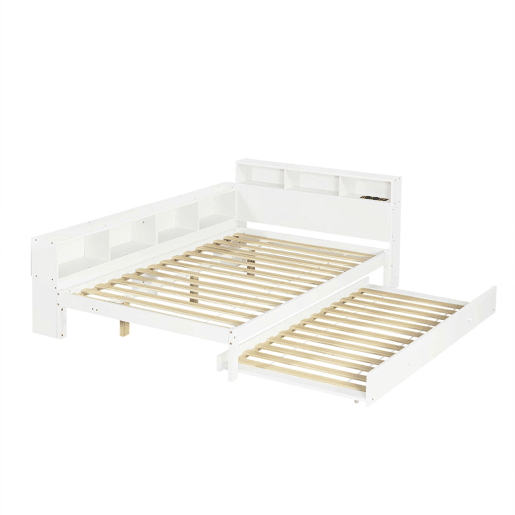 Cama funcional 120 x 200 cm com cama extraível 90 x 190 cm u2014 arrumação lateral, prateleira na cabeceira e estação de carregamento u2014 branco