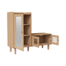 Sapateira de 100 x 35 x 90 cm com banco estofado, espaço de armazenamento modular e portas de vidro, na cor madeira natural.