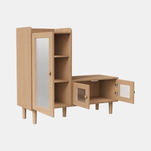 Sapateira de 100 x 35 x 90 cm com banco estofado, espaço de armazenamento modular e portas de vidro, na cor madeira natural.