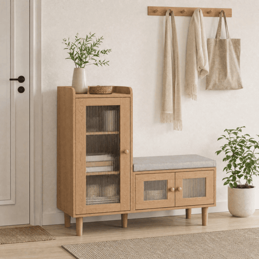 Sapateira de 100 x 35 x 90 cm com banco estofado, espaço de armazenamento modular e portas de vidro, na cor madeira natural. Sapateira de 100 x 35 x 90 cm com banco estofado, espaço de armazenamento modular e portas de vidro, na cor madeira natural.