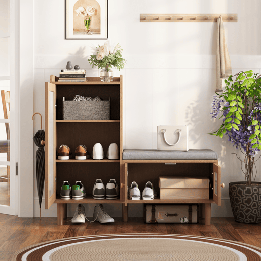 Sapateira de 100 x 35 x 90 cm com banco estofado, espaço de armazenamento modular e portas de vidro, na cor madeira natural. Sapateira de 100 x 35 x 90 cm com banco estofado, espaço de armazenamento modular e portas de vidro, na cor madeira natural.