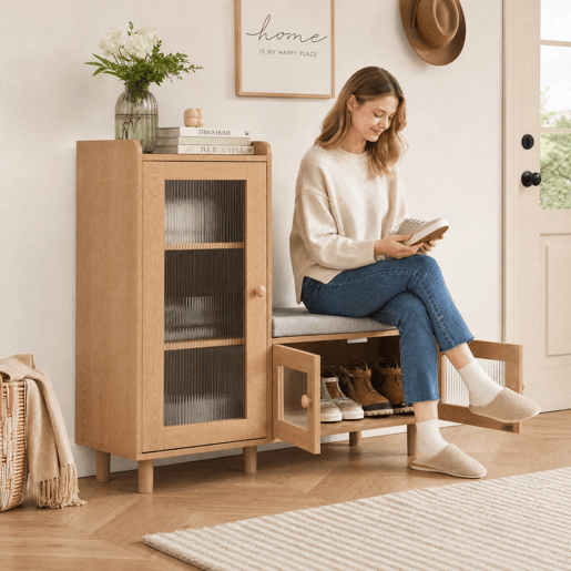 Sapateira de 100 x 35 x 90 cm com banco estofado, espaço de armazenamento modular e portas de vidro, na cor madeira natural. Sapateira de 100 x 35 x 90 cm com banco estofado, espaço de armazenamento modular e portas de vidro, na cor madeira natural.