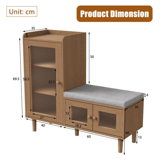 Sapateira de 100 x 35 x 90 cm com banco estofado, espaço de armazenamento modular e portas de vidro, na cor madeira natural. Sapateira de 100 x 35 x 90 cm com banco estofado, espaço de armazenamento modular e portas de vidro, na cor madeira natural.