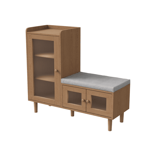 Sapateira de 100 x 35 x 90 cm com banco estofado, espaço de armazenamento modular e portas de vidro, na cor madeira natural. Sapateira de 100 x 35 x 90 cm com banco estofado, espaço de armazenamento modular e portas de vidro, na cor madeira natural.