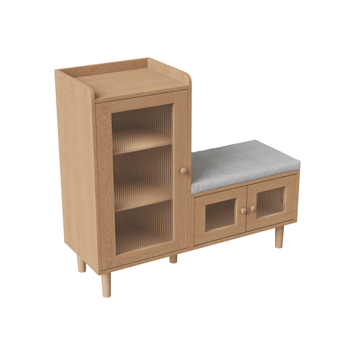 Sapateira de 100 x 35 x 90 cm com banco estofado, espaço de armazenamento modular e portas de vidro, na cor madeira natural. Sapateira de 100 x 35 x 90 cm com banco estofado, espaço de armazenamento modular e portas de vidro, na cor madeira natural.