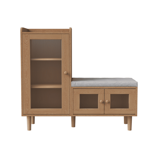 Sapateira de 100 x 35 x 90 cm com banco estofado, espaço de armazenamento modular e portas de vidro, na cor madeira natural. Sapateira de 100 x 35 x 90 cm com banco estofado, espaço de armazenamento modular e portas de vidro, na cor madeira natural.