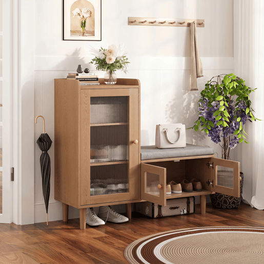 Sapateira de 100 x 35 x 90 cm com banco estofado, espaço de armazenamento modular e portas de vidro, na cor madeira natural. Sapateira de 100 x 35 x 90 cm com banco estofado, espaço de armazenamento modular e portas de vidro, na cor madeira natural.