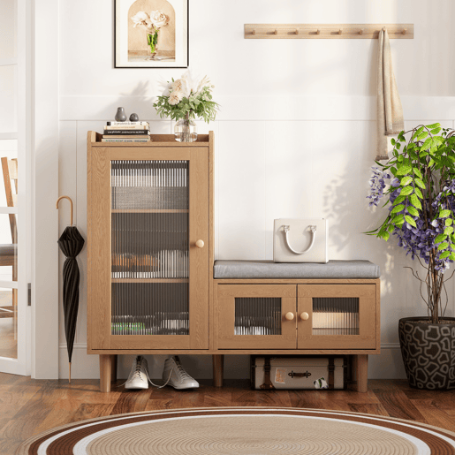 Sapateira de 100 x 35 x 90 cm com banco estofado, espaço de armazenamento modular e portas de vidro, na cor madeira natural. Sapateira de 100 x 35 x 90 cm com banco estofado, espaço de armazenamento modular e portas de vidro, na cor madeira natural.
