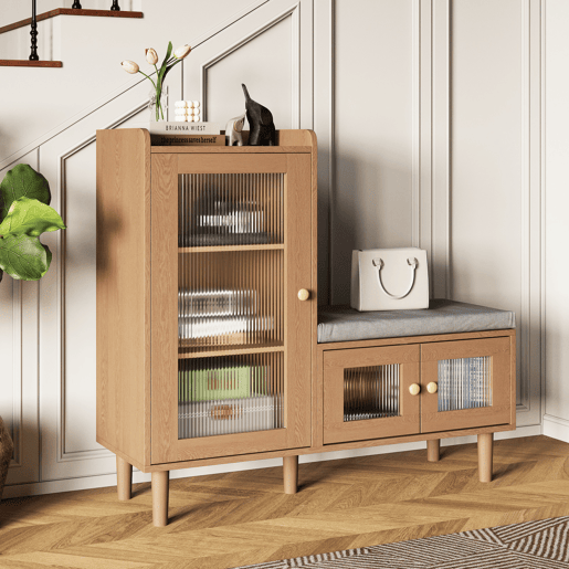 Sapateira de 100 x 35 x 90 cm com banco estofado, espaço de armazenamento modular e portas de vidro, na cor madeira natural. Sapateira de 100 x 35 x 90 cm com banco estofado, espaço de armazenamento modular e portas de vidro, na cor madeira natural.