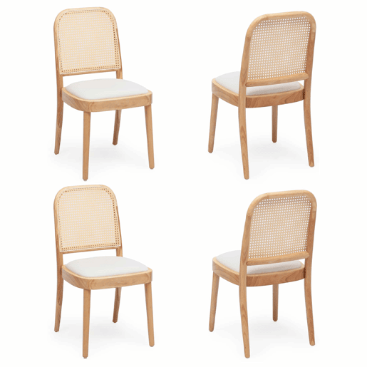4 cadeiras de jantar - encosto em rattan, madeira maciça, confortáveis e respiráveis, estilo moderno - cor de madeira