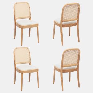 4 cadeiras de jantar - encosto em rattan, madeira maciça, confortáveis e respiráveis, estilo moderno - cor de madeira
