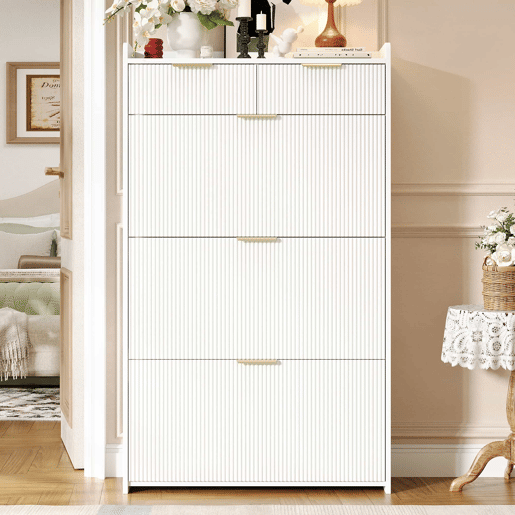 Armário 80×25×135 cm - estreito, com 3 portas basculantes e 2 gavetas, para a entrada - branco Armário 80×25×135 cm - estreito, com 3 portas basculantes e 2 gavetas, para a entrada - branco