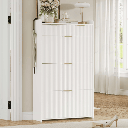 Armário 80×25×135 cm - estreito, com 3 portas basculantes e 2 gavetas, para a entrada - branco Armário 80×25×135 cm - estreito, com 3 portas basculantes e 2 gavetas, para a entrada - branco