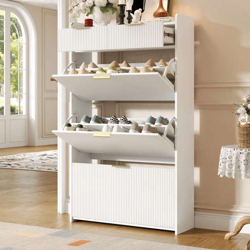 Armário 80×25×135 cm - estreito, com 3 portas basculantes e 2 gavetas, para a entrada - branco Armário 80×25×135 cm - estreito, com 3 portas basculantes e 2 gavetas, para a entrada - branco