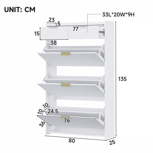 Armário 80×25×135 cm - estreito, com 3 portas basculantes e 2 gavetas, para a entrada - branco Armário 80×25×135 cm - estreito, com 3 portas basculantes e 2 gavetas, para a entrada - branco