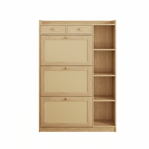 Armário estreito 90×24×130 cm - 3 compartimentos rebatíveis, prateleiras ajustáveis, 2 gavetas e prateleiras laterais abertas em rattan - Natural Armário estreito 90×24×130 cm - 3 compartimentos rebatíveis, prateleiras ajustáveis, 2 gavetas e prateleiras laterais abertas em rattan - Natural