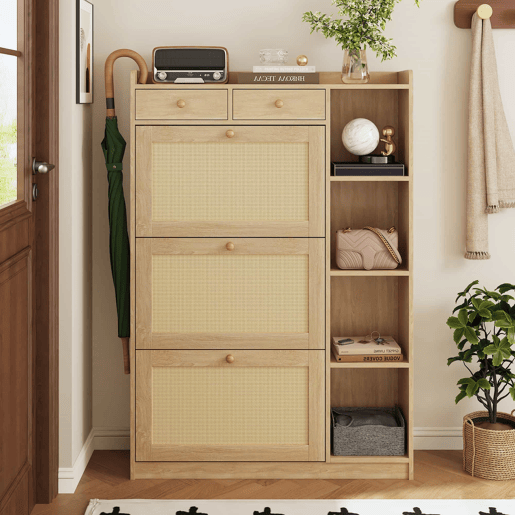 Armário estreito 90×24×130 cm - 3 compartimentos rebatíveis, prateleiras ajustáveis, 2 gavetas e prateleiras laterais abertas em rattan - Natural Armário estreito 90×24×130 cm - 3 compartimentos rebatíveis, prateleiras ajustáveis, 2 gavetas e prateleiras laterais abertas em rattan - Natural