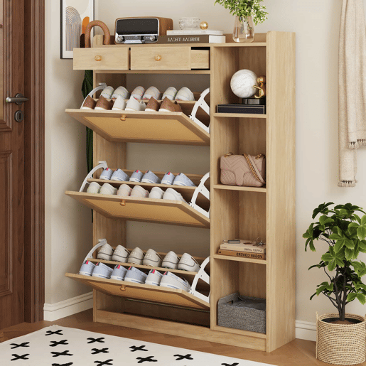 Armário estreito 90×24×130 cm - 3 compartimentos rebatíveis, prateleiras ajustáveis, 2 gavetas e prateleiras laterais abertas em rattan - Natural Armário estreito 90×24×130 cm - 3 compartimentos rebatíveis, prateleiras ajustáveis, 2 gavetas e prateleiras laterais abertas em rattan - Natural