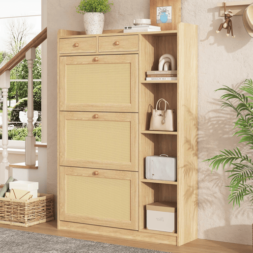 Armário estreito 90×24×130 cm - 3 compartimentos rebatíveis, prateleiras ajustáveis, 2 gavetas e prateleiras laterais abertas em rattan - Natural Armário estreito 90×24×130 cm - 3 compartimentos rebatíveis, prateleiras ajustáveis, 2 gavetas e prateleiras laterais abertas em rattan - Natural