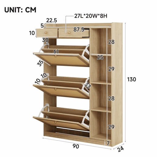 Armário estreito 90×24×130 cm - 3 compartimentos rebatíveis, prateleiras ajustáveis, 2 gavetas e prateleiras laterais abertas em rattan - Natural Armário estreito 90×24×130 cm - 3 compartimentos rebatíveis, prateleiras ajustáveis, 2 gavetas e prateleiras laterais abertas em rattan - Natural