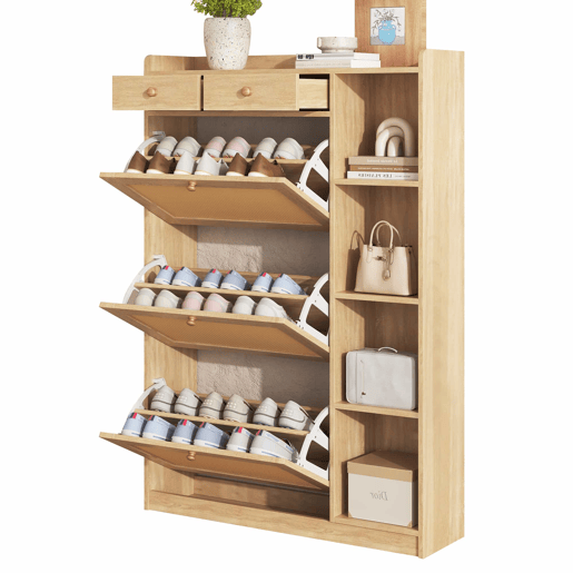Armário estreito 90×24×130 cm - 3 compartimentos rebatíveis, prateleiras ajustáveis, 2 gavetas e prateleiras laterais abertas em rattan - Natural Armário estreito 90×24×130 cm - 3 compartimentos rebatíveis, prateleiras ajustáveis, 2 gavetas e prateleiras laterais abertas em rattan - Natural