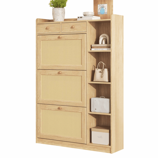Armário estreito 90×24×130 cm - 3 compartimentos rebatíveis, prateleiras ajustáveis, 2 gavetas e prateleiras laterais abertas em rattan - Natural Armário estreito 90×24×130 cm - 3 compartimentos rebatíveis, prateleiras ajustáveis, 2 gavetas e prateleiras laterais abertas em rattan - Natural