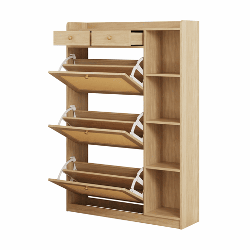 Armário estreito 90×24×130 cm - 3 compartimentos rebatíveis, prateleiras ajustáveis, 2 gavetas e prateleiras laterais abertas em rattan - Natural Armário estreito 90×24×130 cm - 3 compartimentos rebatíveis, prateleiras ajustáveis, 2 gavetas e prateleiras laterais abertas em rattan - Natural