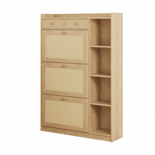 Armário estreito 90×24×130 cm - 3 compartimentos rebatíveis, prateleiras ajustáveis, 2 gavetas e prateleiras laterais abertas em rattan - Natural Armário estreito 90×24×130 cm - 3 compartimentos rebatíveis, prateleiras ajustáveis, 2 gavetas e prateleiras laterais abertas em rattan - Natural