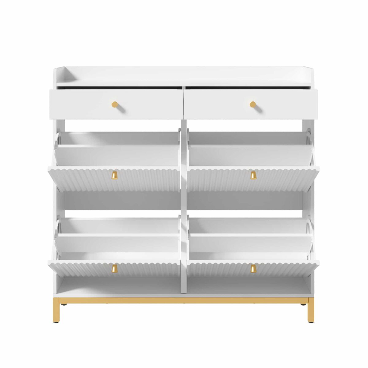 Zapatero 106,5 x 25 x 107 cm - 4 puertas abatibles, 2 cajones, tiradores y patas metálicas - blanco