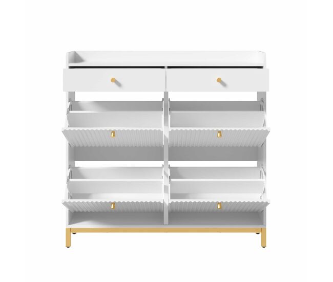 Zapatero 106,5 x 25 x 107 cm - 4 puertas abatibles, 2 cajones, tiradores y patas metálicas - blanco