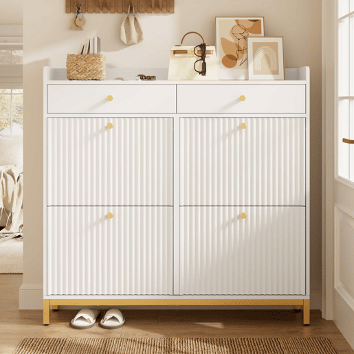 Armário 106,5 x 25 x 107 cm - 4 portas basculantes, 2 gavetas, puxadores e pés metálicos - Branco Armário 106,5 x 25 x 107 cm - 4 portas basculantes, 2 gavetas, puxadores e pés metálicos - Branco
