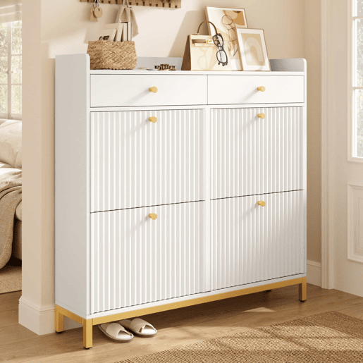 Armário 106,5 x 25 x 107 cm - 4 portas basculantes, 2 gavetas, puxadores e pés metálicos - Branco Armário 106,5 x 25 x 107 cm - 4 portas basculantes, 2 gavetas, puxadores e pés metálicos - Branco
