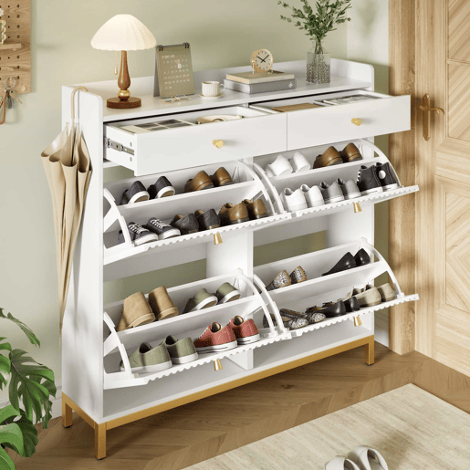 Armário 106,5 x 25 x 107 cm - 4 portas basculantes, 2 gavetas, puxadores e pés metálicos - Branco Armário 106,5 x 25 x 107 cm - 4 portas basculantes, 2 gavetas, puxadores e pés metálicos - Branco