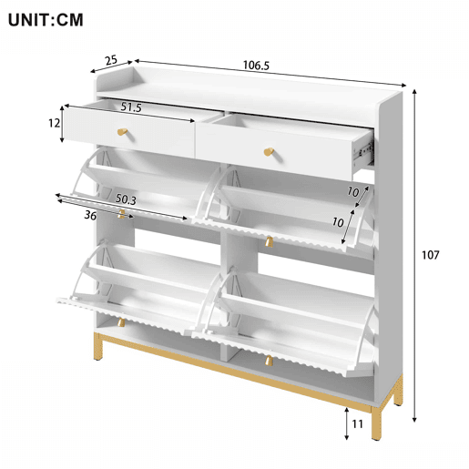 Armário 106,5 x 25 x 107 cm - 4 portas basculantes, 2 gavetas, puxadores e pés metálicos - Branco Armário 106,5 x 25 x 107 cm - 4 portas basculantes, 2 gavetas, puxadores e pés metálicos - Branco