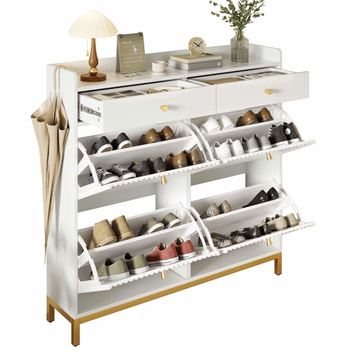 Armário 106,5 x 25 x 107 cm - 4 portas basculantes, 2 gavetas, puxadores e pés metálicos - Branco Armário 106,5 x 25 x 107 cm - 4 portas basculantes, 2 gavetas, puxadores e pés metálicos - Branco