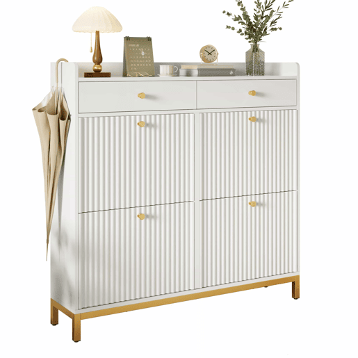 Armário 106,5 x 25 x 107 cm - 4 portas basculantes, 2 gavetas, puxadores e pés metálicos - Branco Armário 106,5 x 25 x 107 cm - 4 portas basculantes, 2 gavetas, puxadores e pés metálicos - Branco